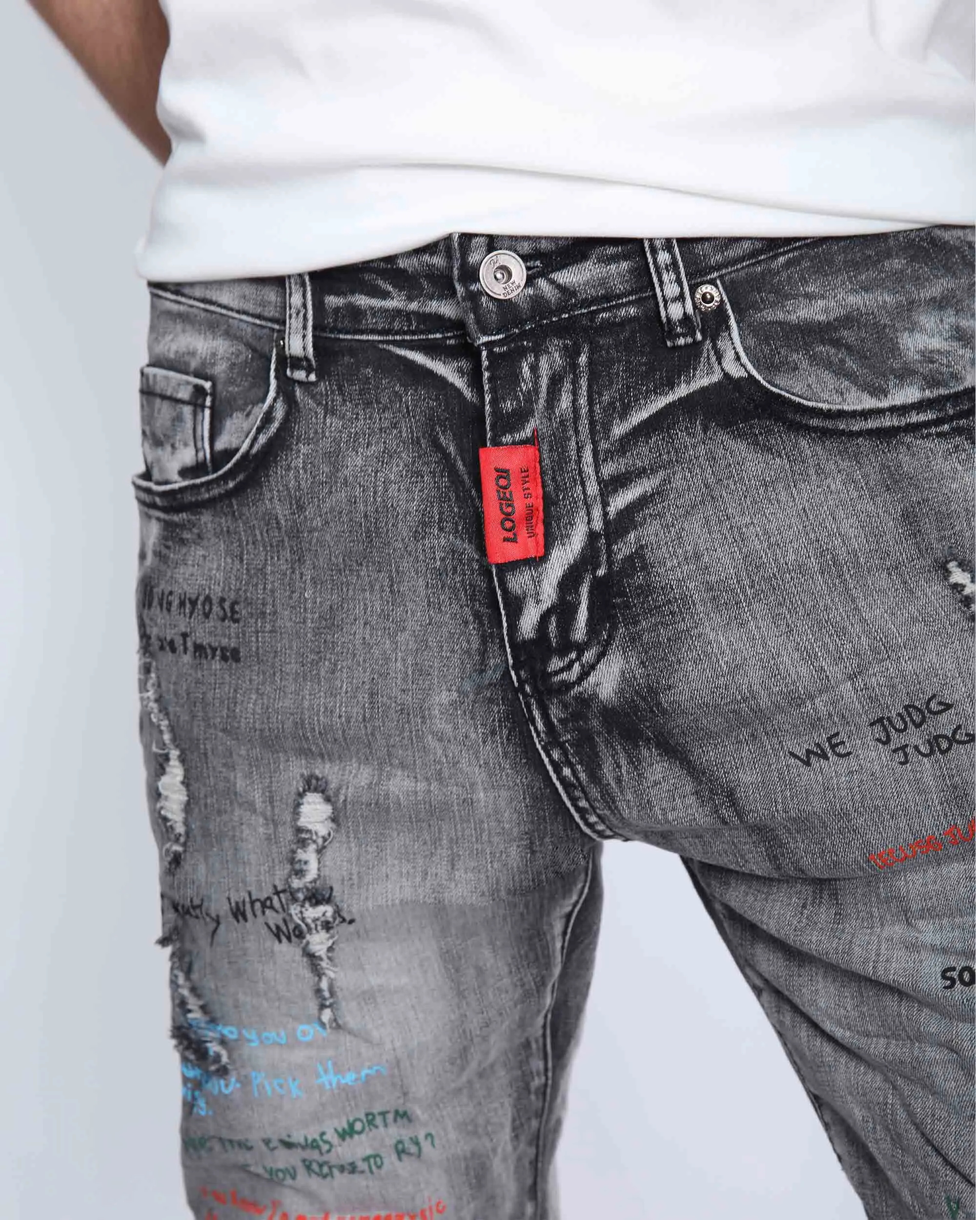 Gray Slim Fit Jeans with Graffiti Style Ripped Design-Mexico Local Delivery