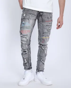 Gray Slim Fit Jeans with Graffiti Style Ripped Design-Mexico Local Delivery