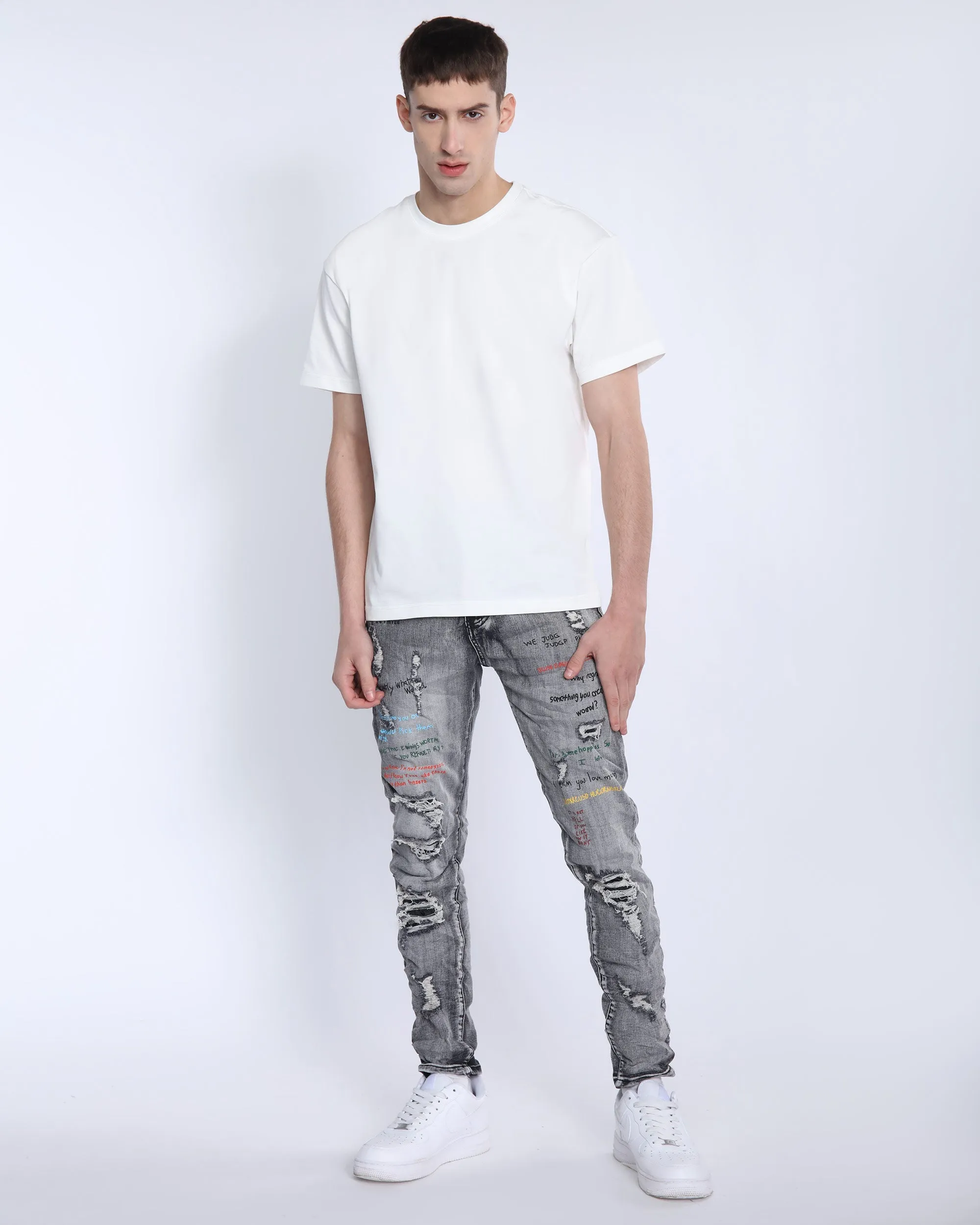 Gray Slim Fit Jeans with Graffiti Style Ripped Design-Mexico Local Delivery
