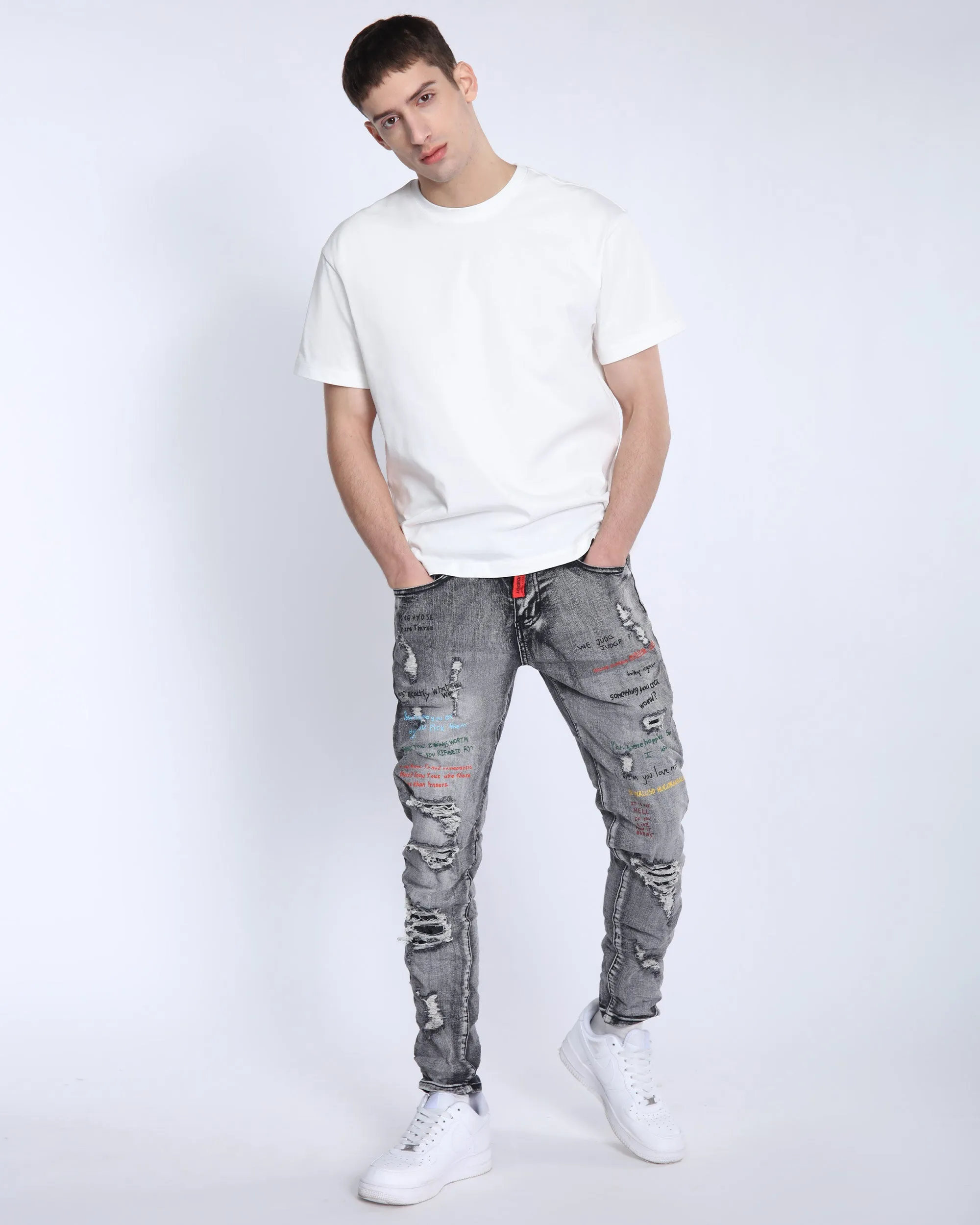 Gray Slim Fit Jeans with Graffiti Style Ripped Design-Mexico Local Delivery