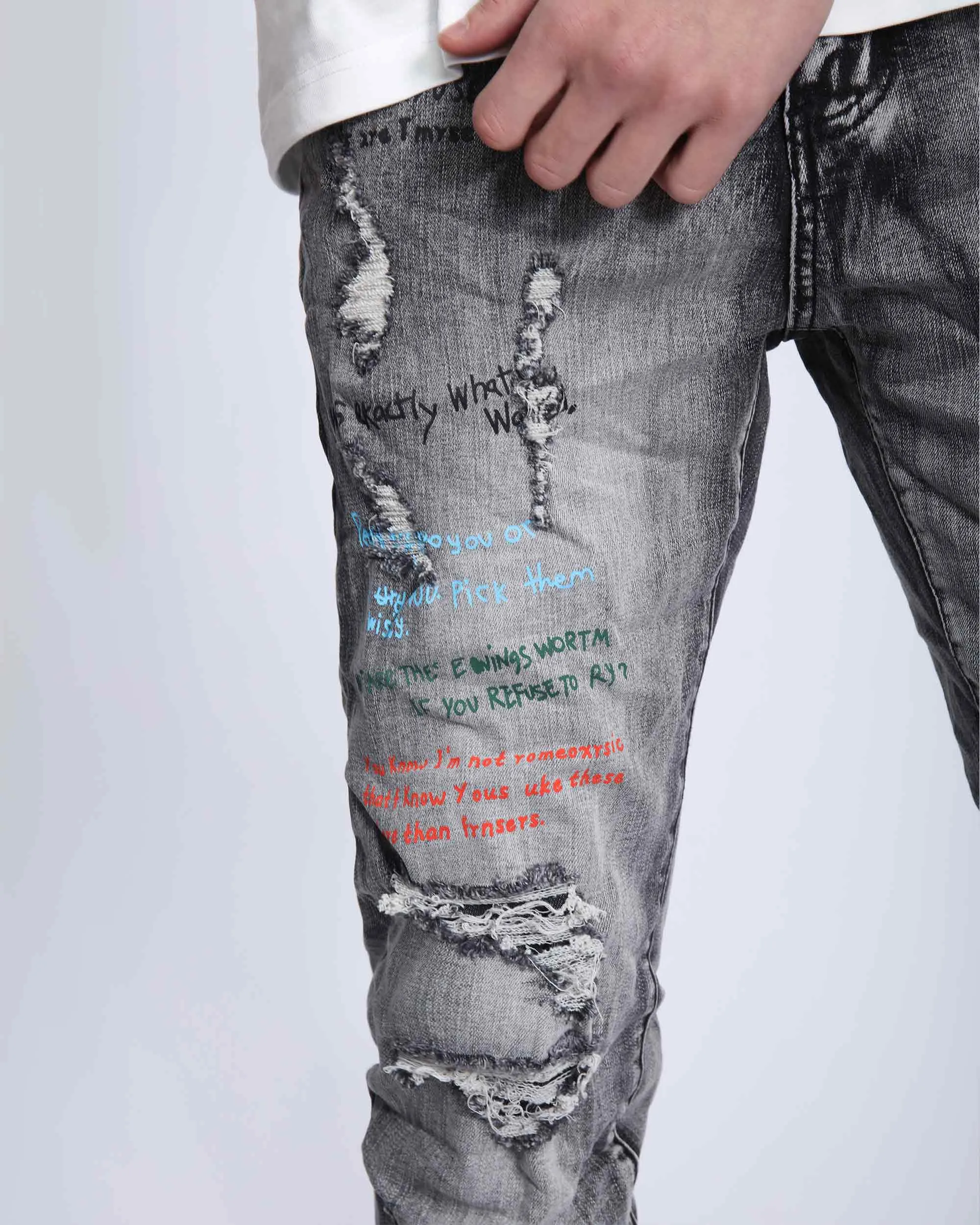 Gray Slim Fit Jeans with Graffiti Style Ripped Design-Mexico Local Delivery