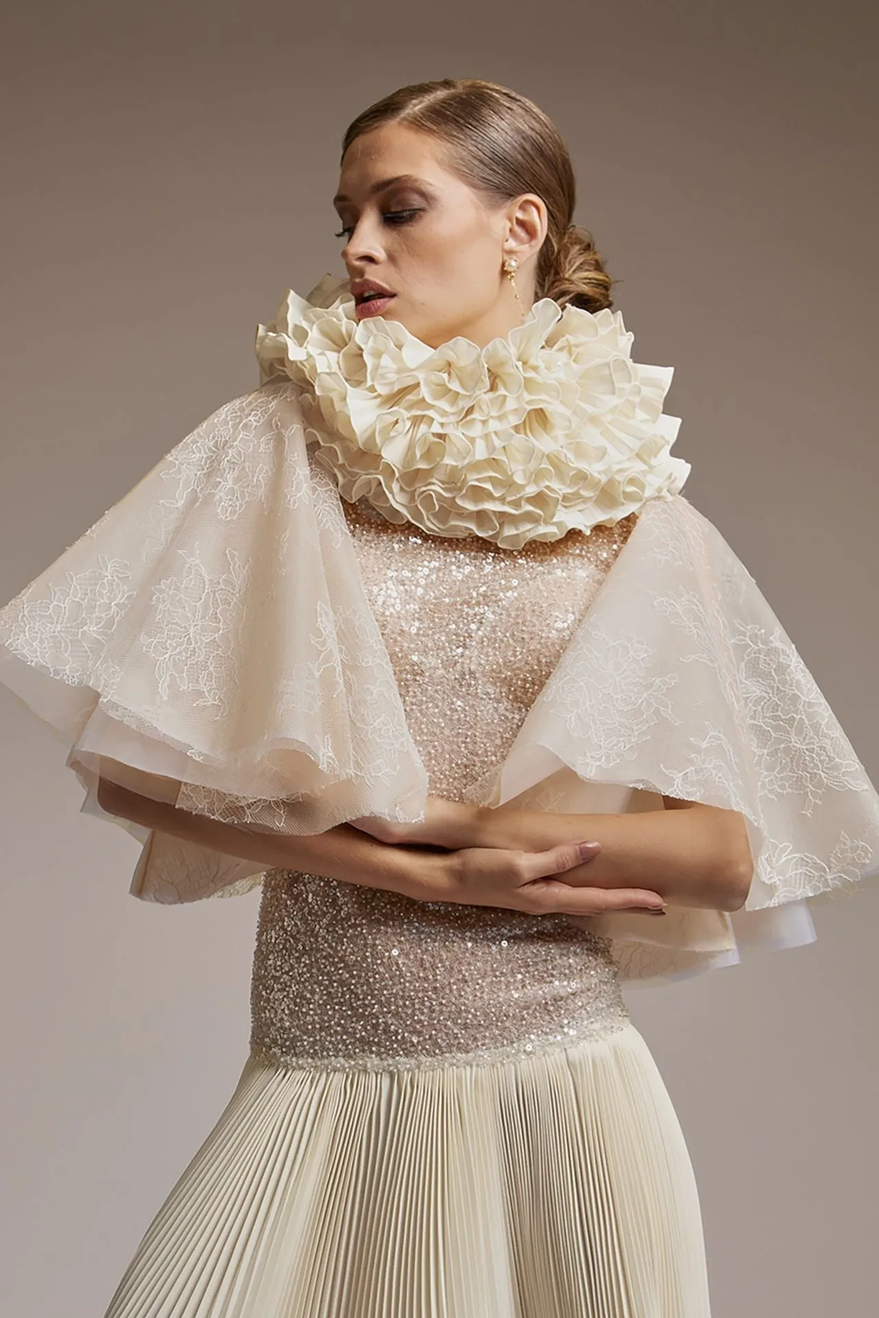 High Neck Modified A-line Dress with Bell Sleeves