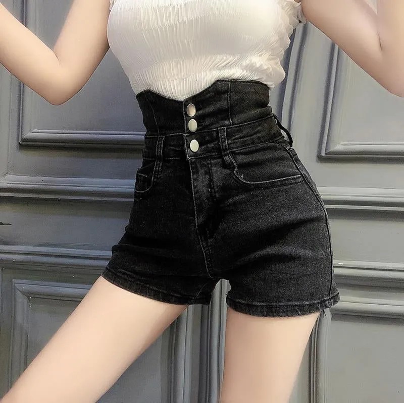 High Waist Extend Button Slim Denim Shorts