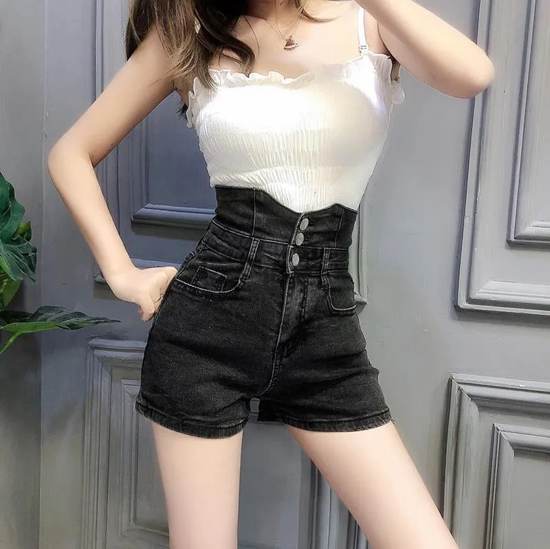 High Waist Extend Button Slim Denim Shorts