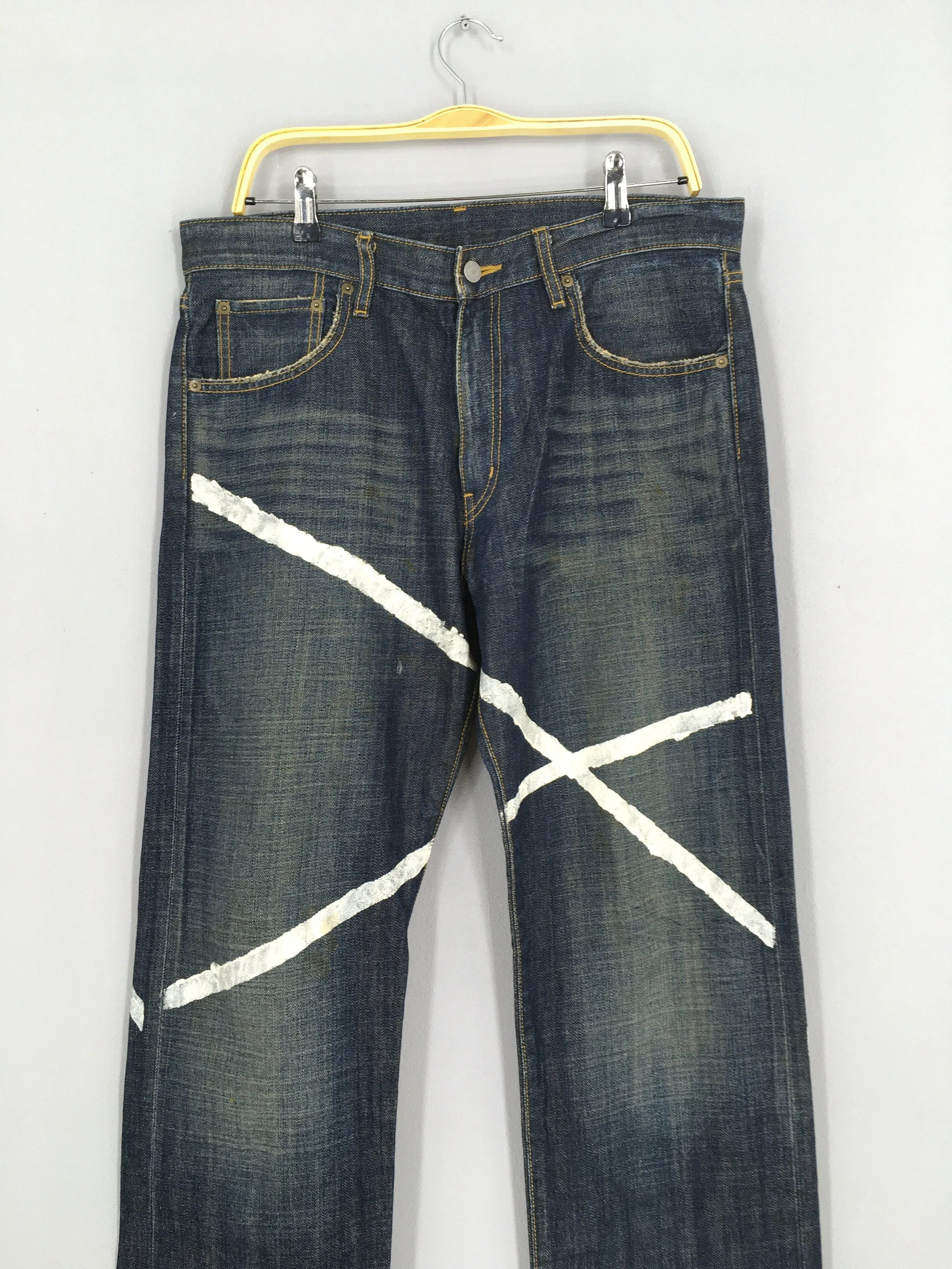 Japanese Brand Stripes Jeans Acid Stoned Wash Size 34x33.5