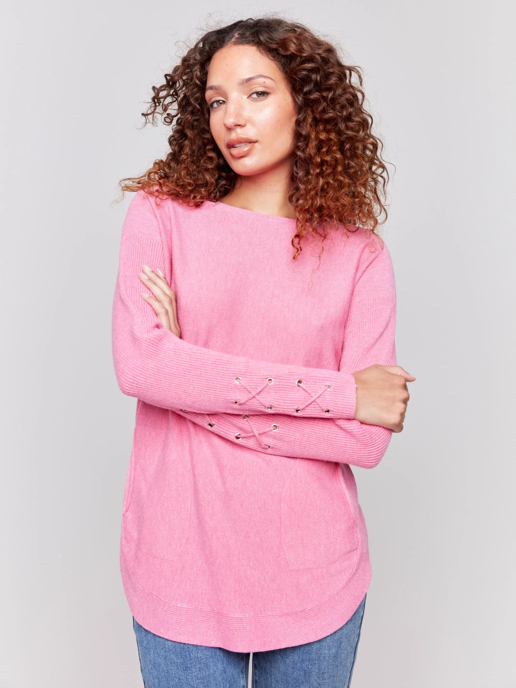 Knit Sweater With Lace-Up Cuffs - Magenta - H-Magenta