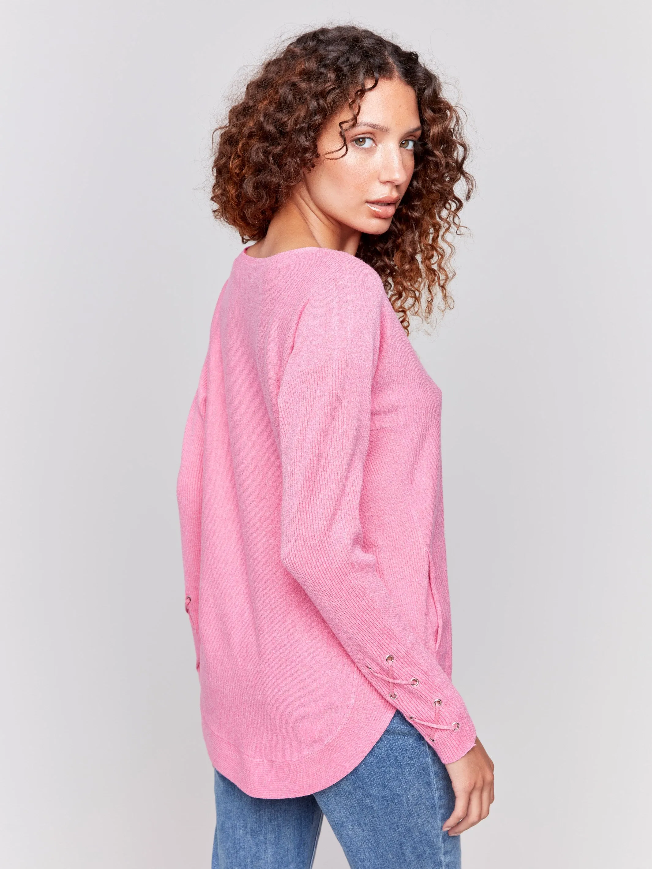 Knit Sweater With Lace-Up Cuffs - Magenta - H-Magenta