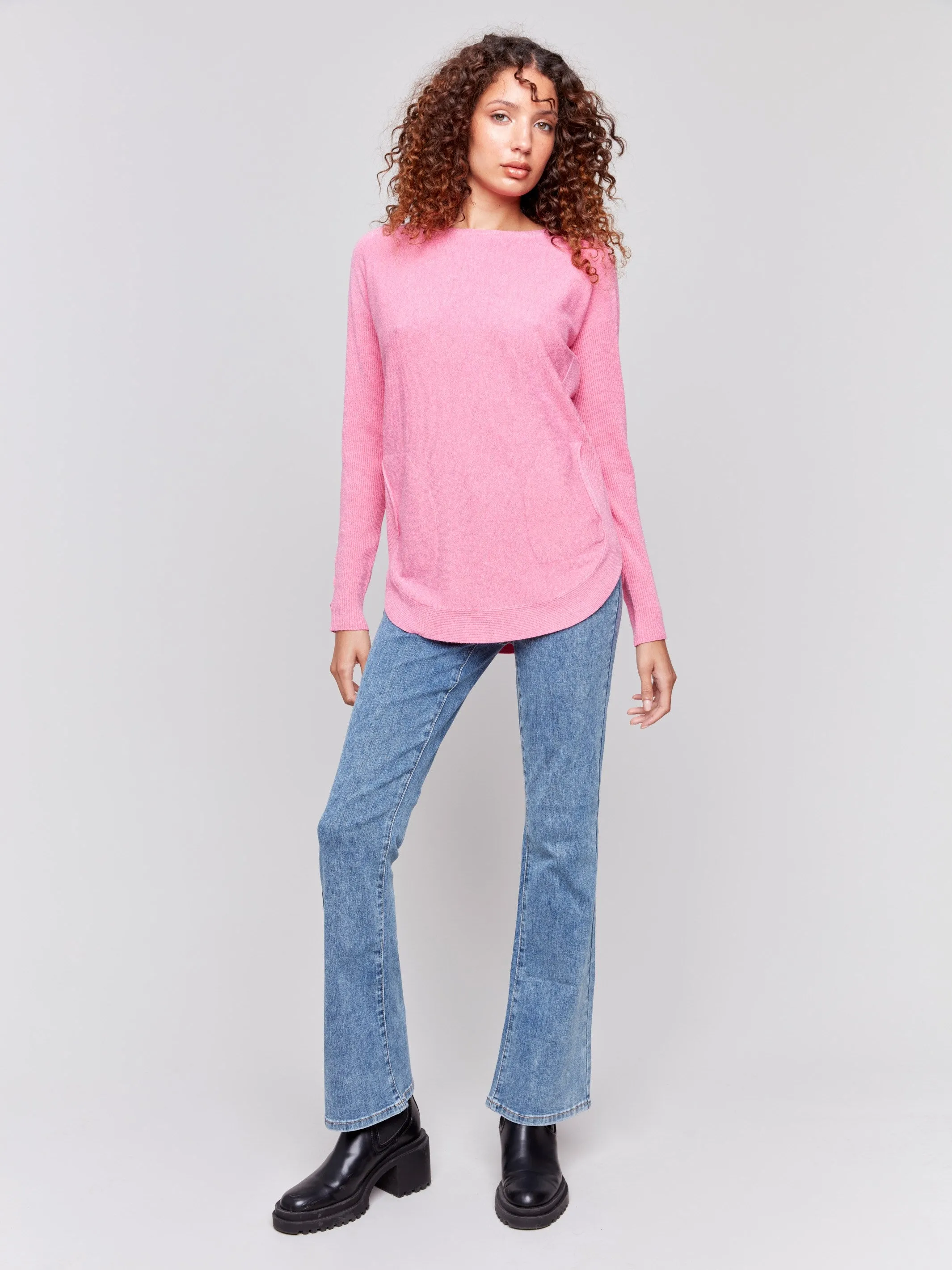Knit Sweater With Lace-Up Cuffs - Magenta - H-Magenta