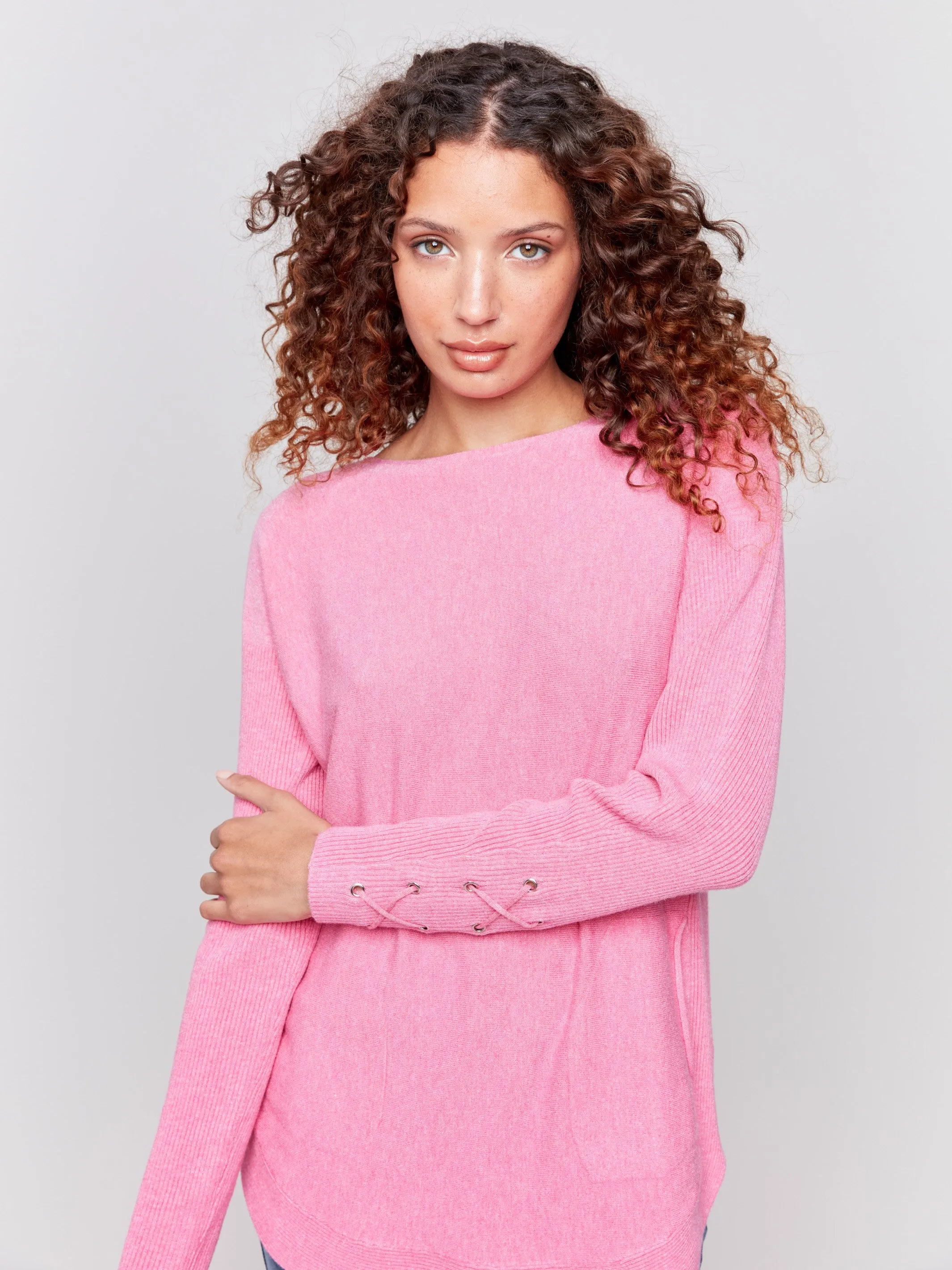 Knit Sweater With Lace-Up Cuffs - Magenta - H-Magenta
