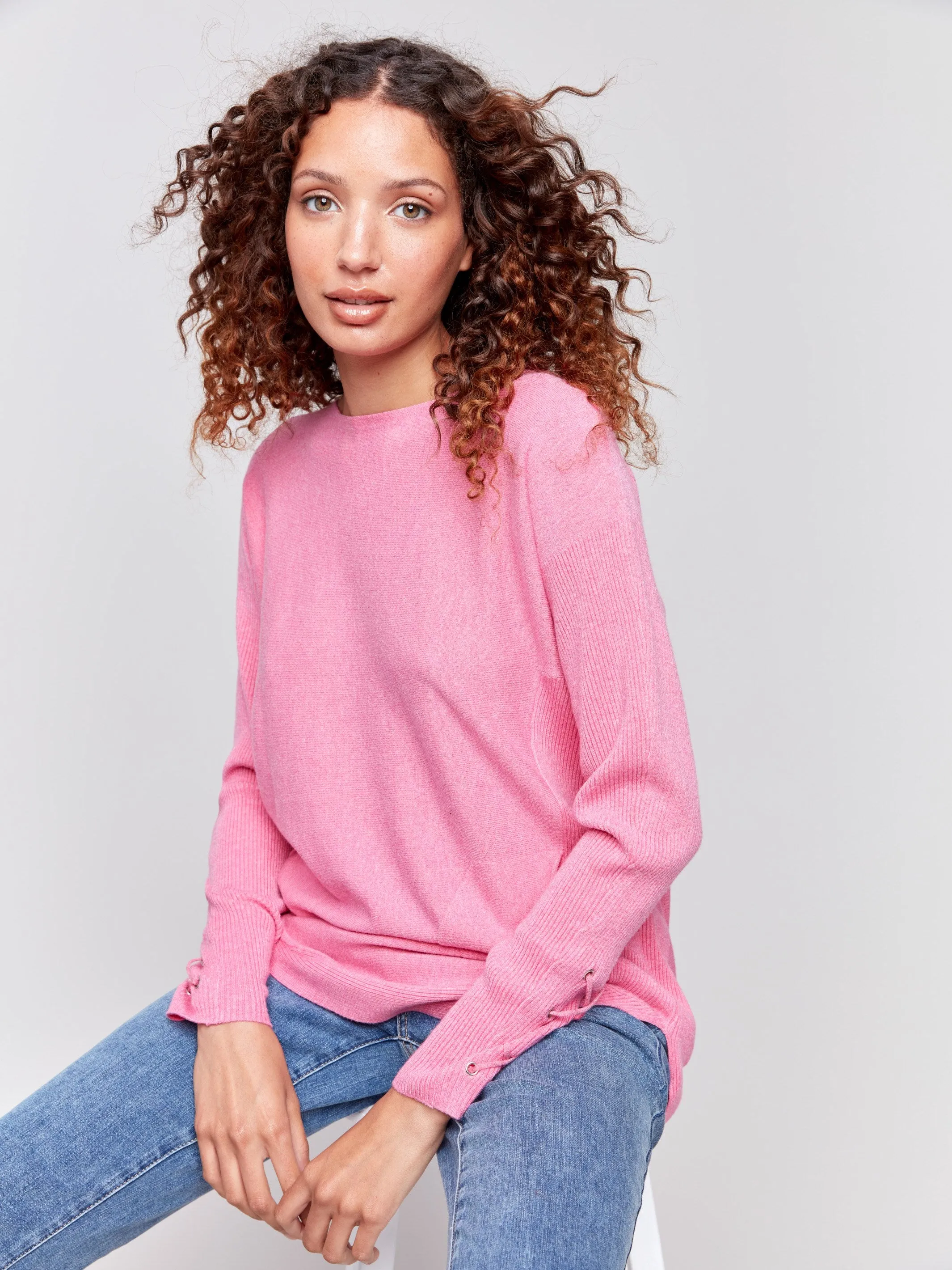 Knit Sweater With Lace-Up Cuffs - Magenta - H-Magenta