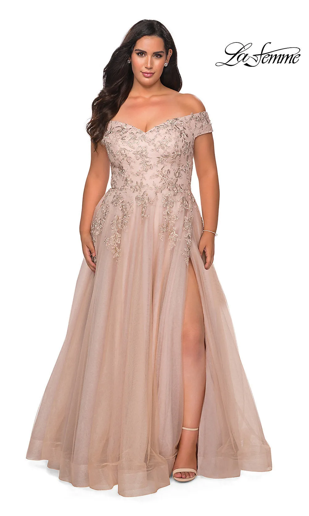 La Femme Embroidered Plus-Size Formal Ball Gown