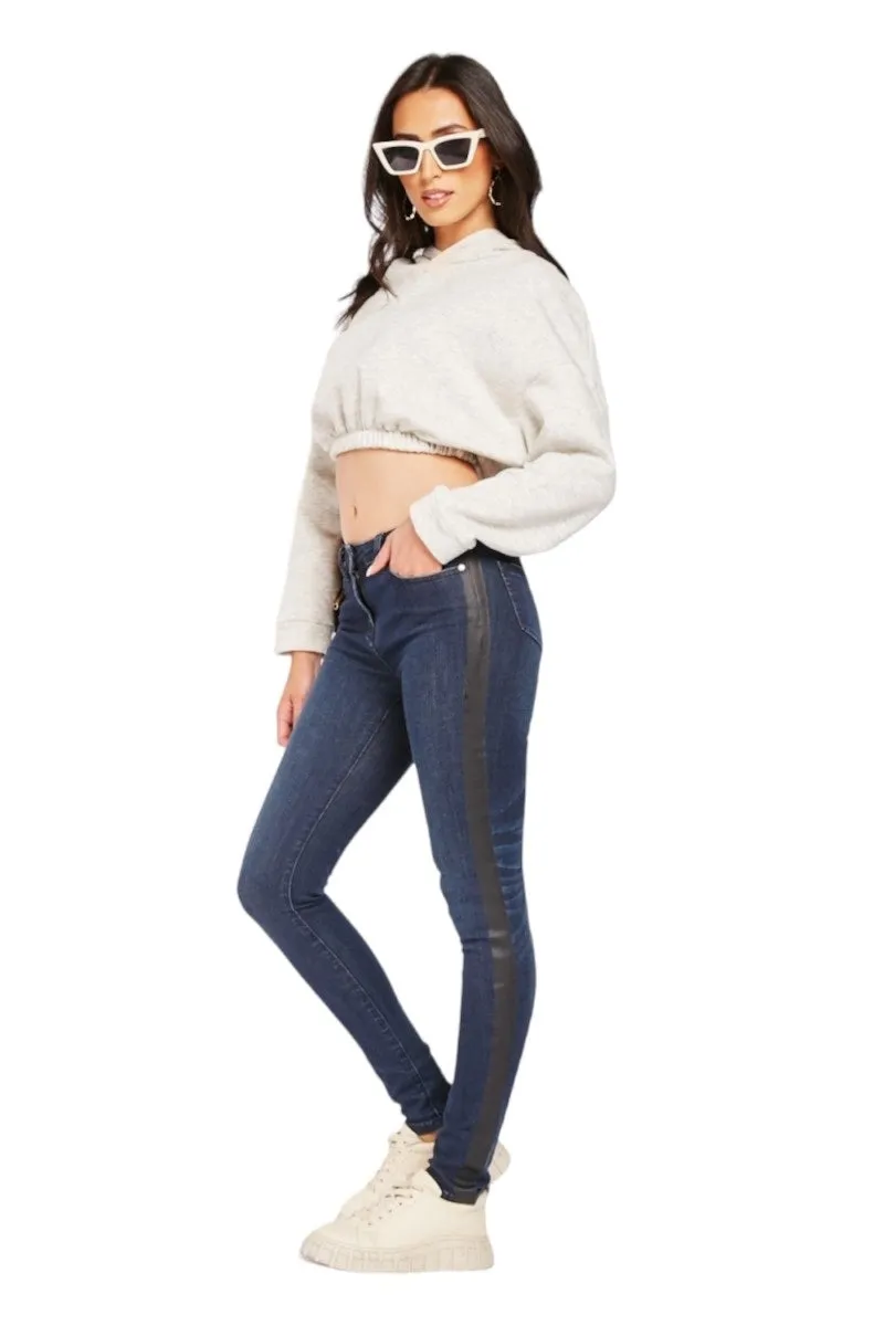 Ladies Dark Denim Blue Cotton Black Side Stripe Mid Waist Jeans