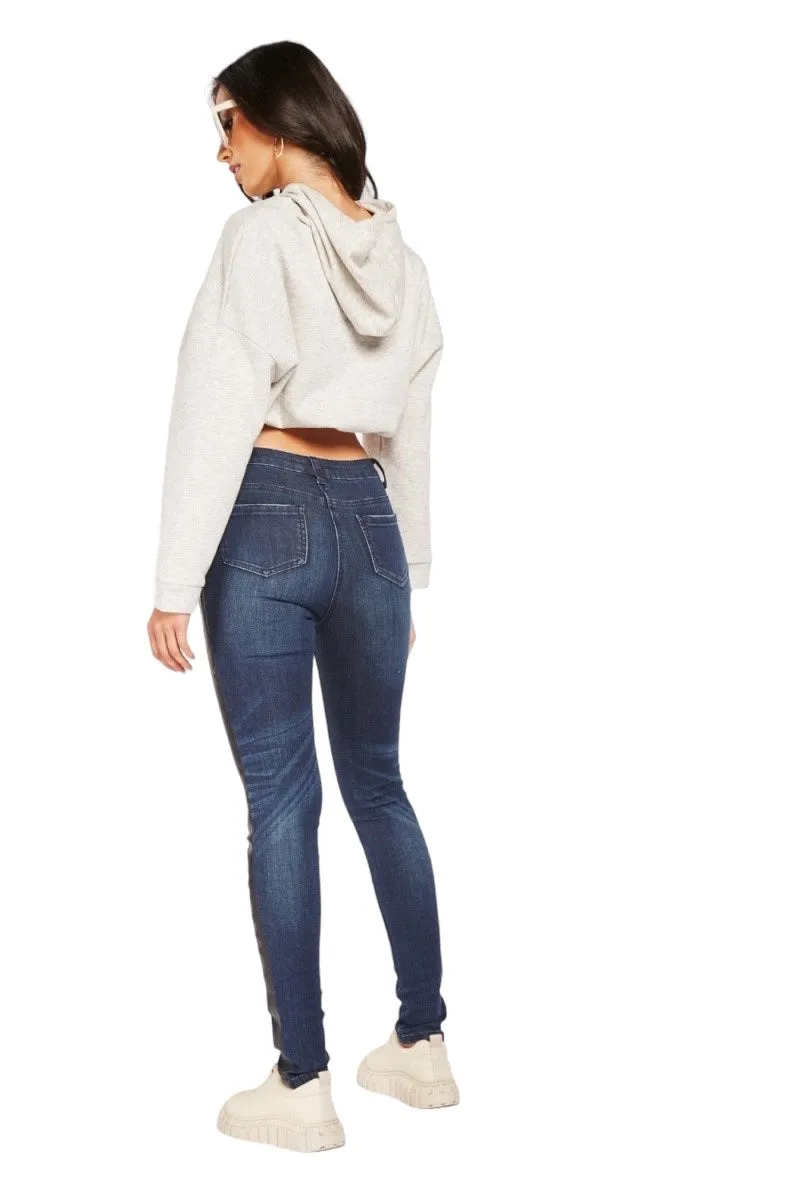 Ladies Dark Denim Blue Cotton Black Side Stripe Mid Waist Jeans