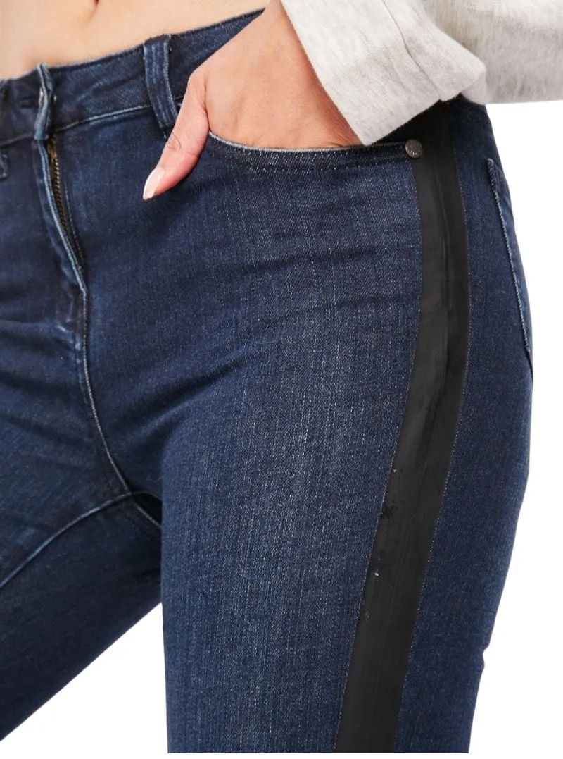 Ladies Dark Denim Blue Cotton Black Side Stripe Mid Waist Jeans