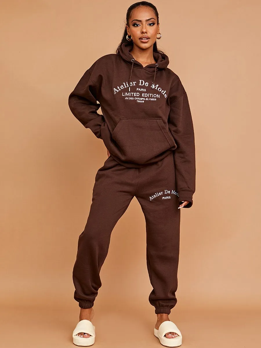 Lexie Embroidered Atelier De Mode Hooded Fleece Co-ord In Chocolate