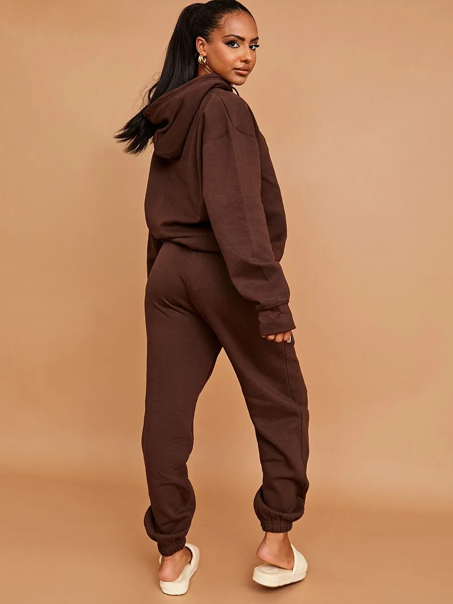 Lexie Embroidered Atelier De Mode Hooded Fleece Co-ord In Chocolate
