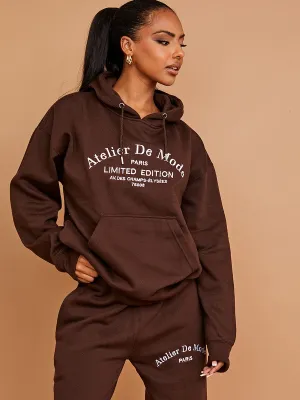 Lexie Embroidered Atelier De Mode Hooded Fleece Co-ord In Chocolate