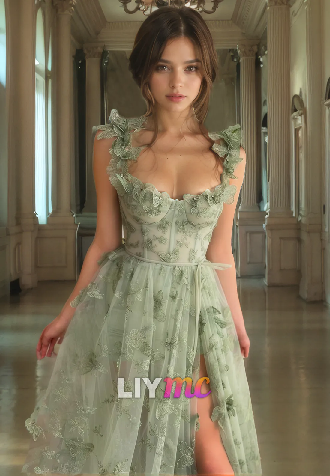 LP290 - A-Line Square Neck 3D Lace Tulle Long Prom Evening Dress With Slit