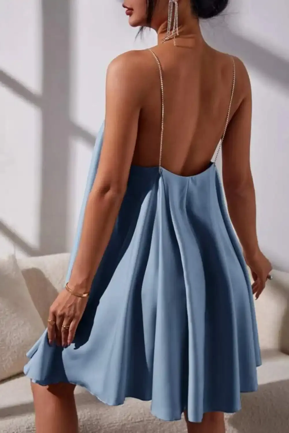 Marbella Baby Blue Satin Diamante Chain Floaty Mini Dress