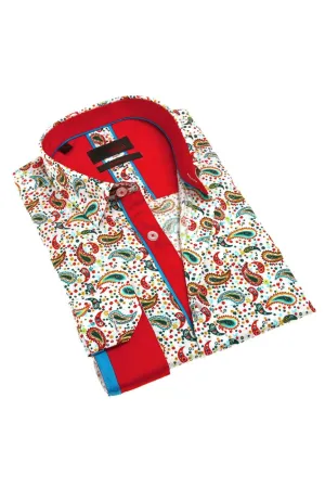 Multi Color Paisley  Button Down Shirt W/Red Trim
