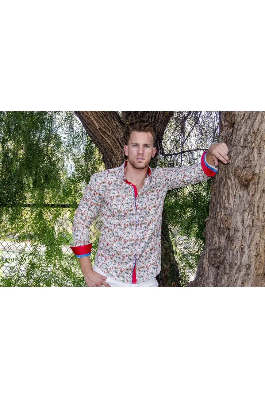 Multi Color Paisley  Button Down Shirt W/Red Trim