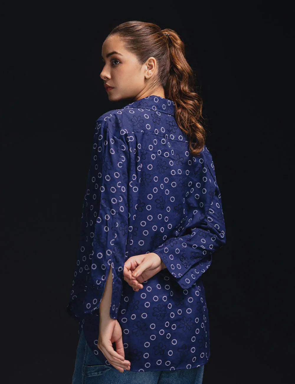 Navy Floral Print Button-Up Shirt