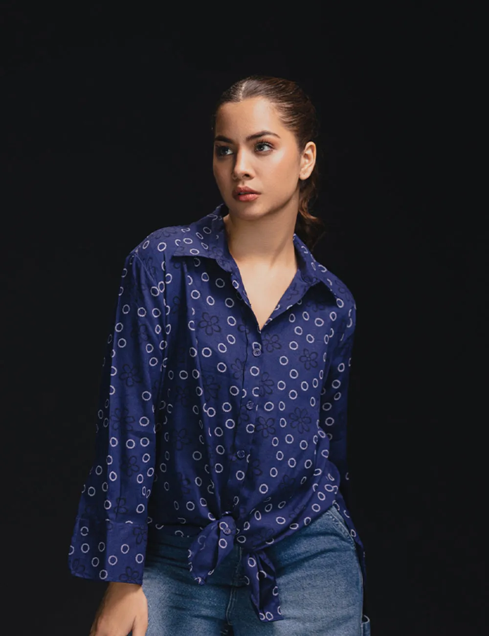 Navy Floral Print Button-Up Shirt