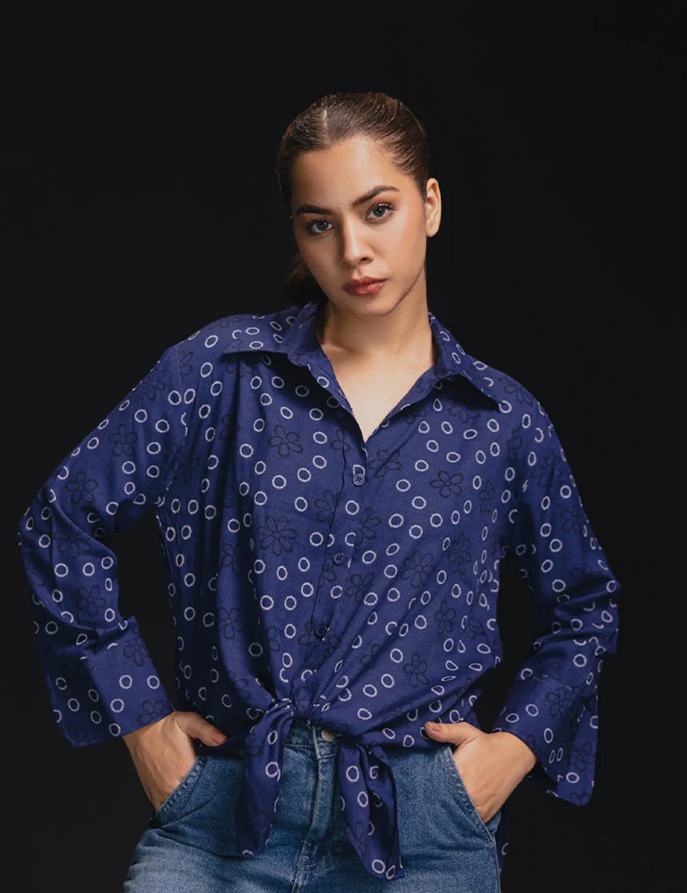 Navy Floral Print Button-Up Shirt