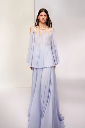 Pleated Long-Sleeved Blouse with Flared A-line Skirt