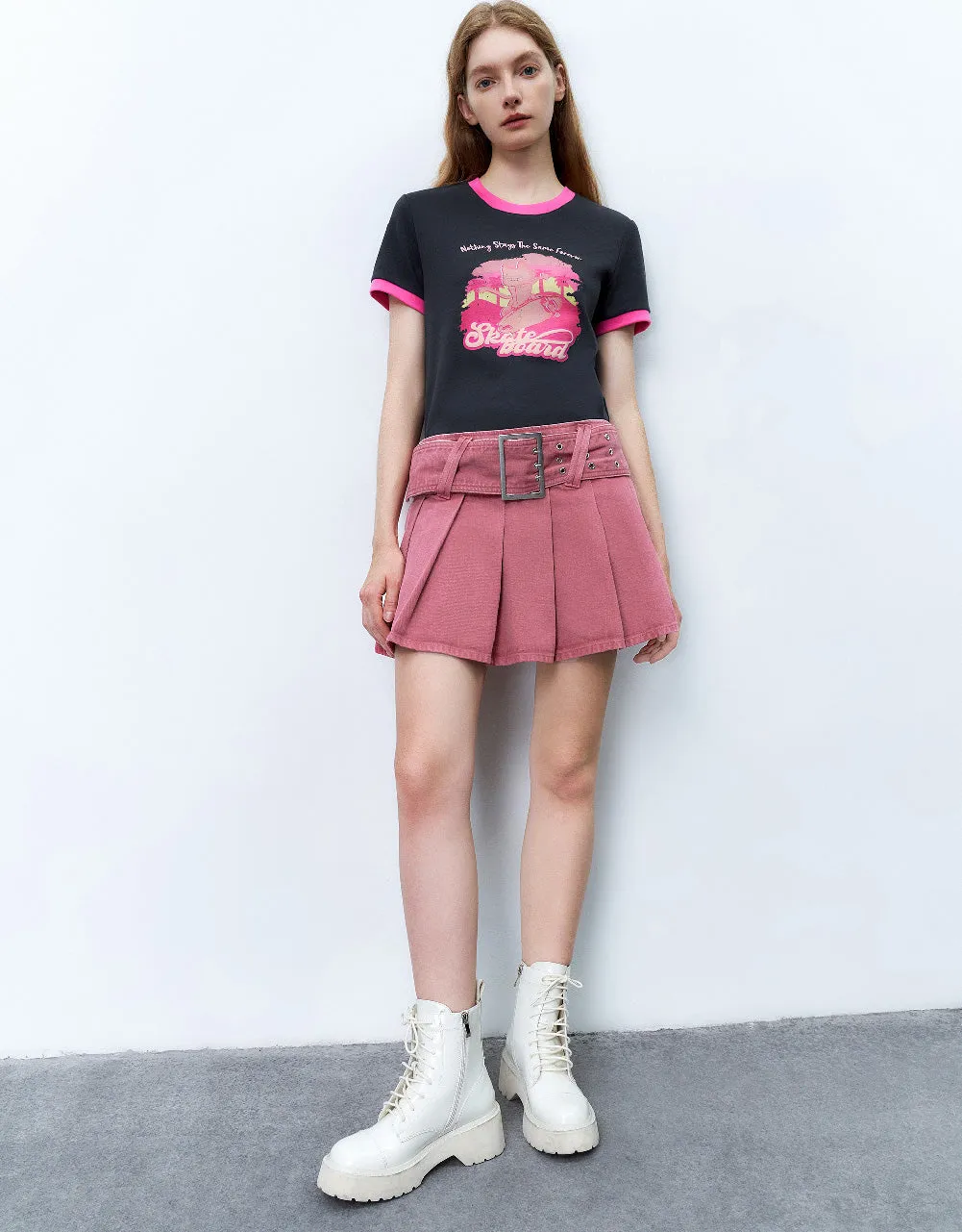 Pleated Mini A-Line Denim Skirt