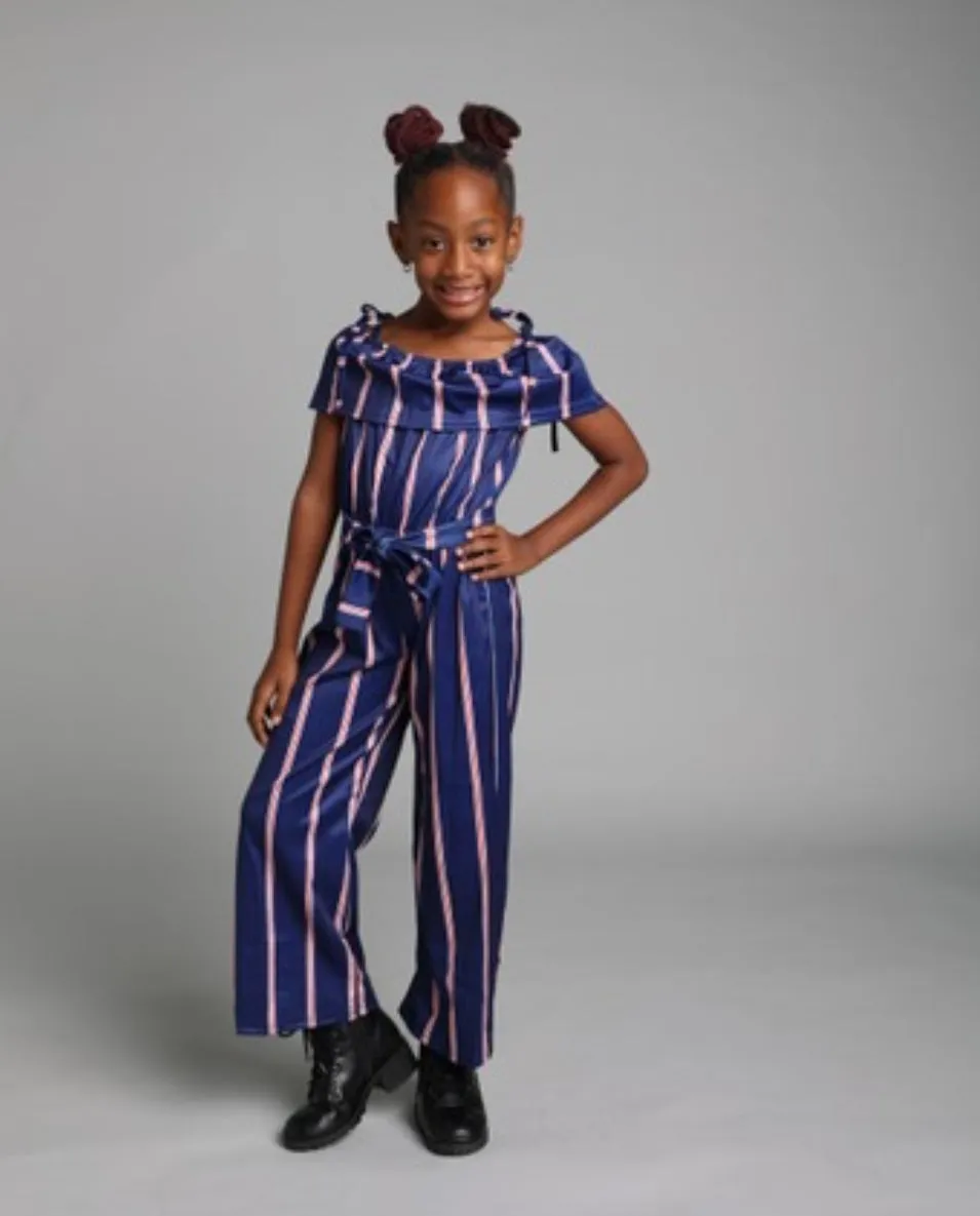 "Match in Style: GIRLS Royal Blue & Striped Jumpsuit