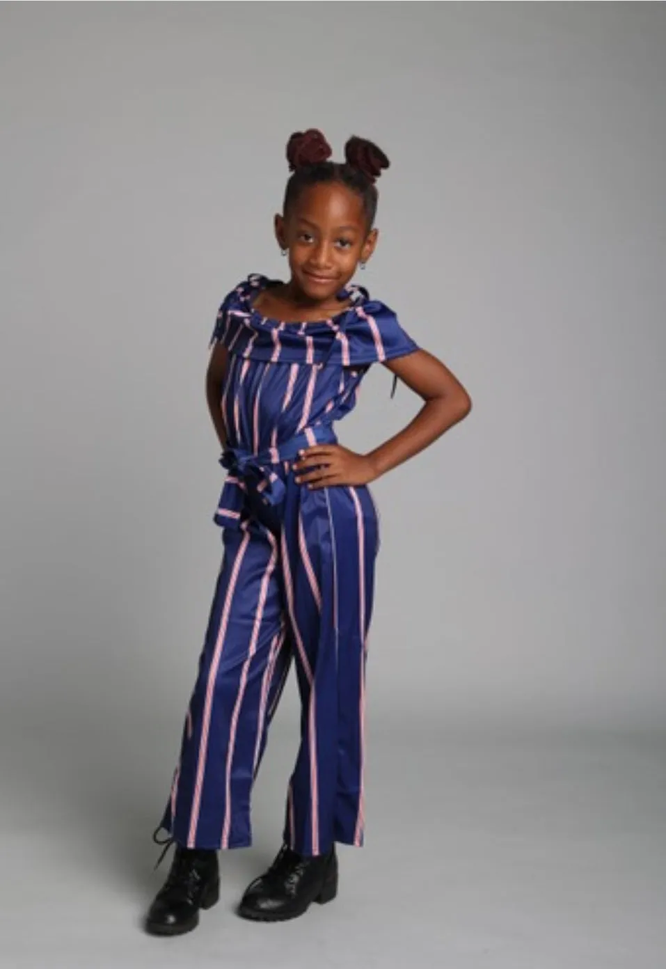 "Match in Style: GIRLS Royal Blue & Striped Jumpsuit