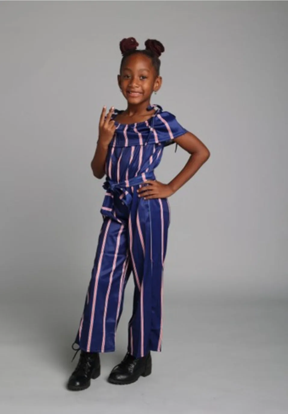 "Match in Style: GIRLS Royal Blue & Striped Jumpsuit