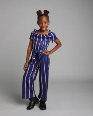 "Match in Style: GIRLS Royal Blue & Striped Jumpsuit