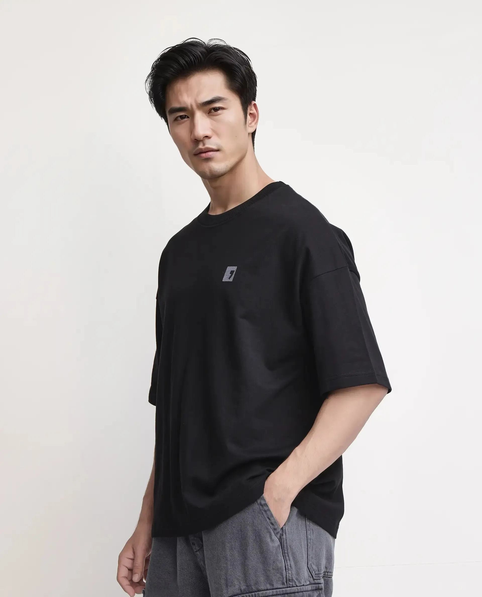 Rare Rabbit Men Rano Black Cotton Fabric Short Sleeve Slip-On Boxy Fit Printed T-Shirt