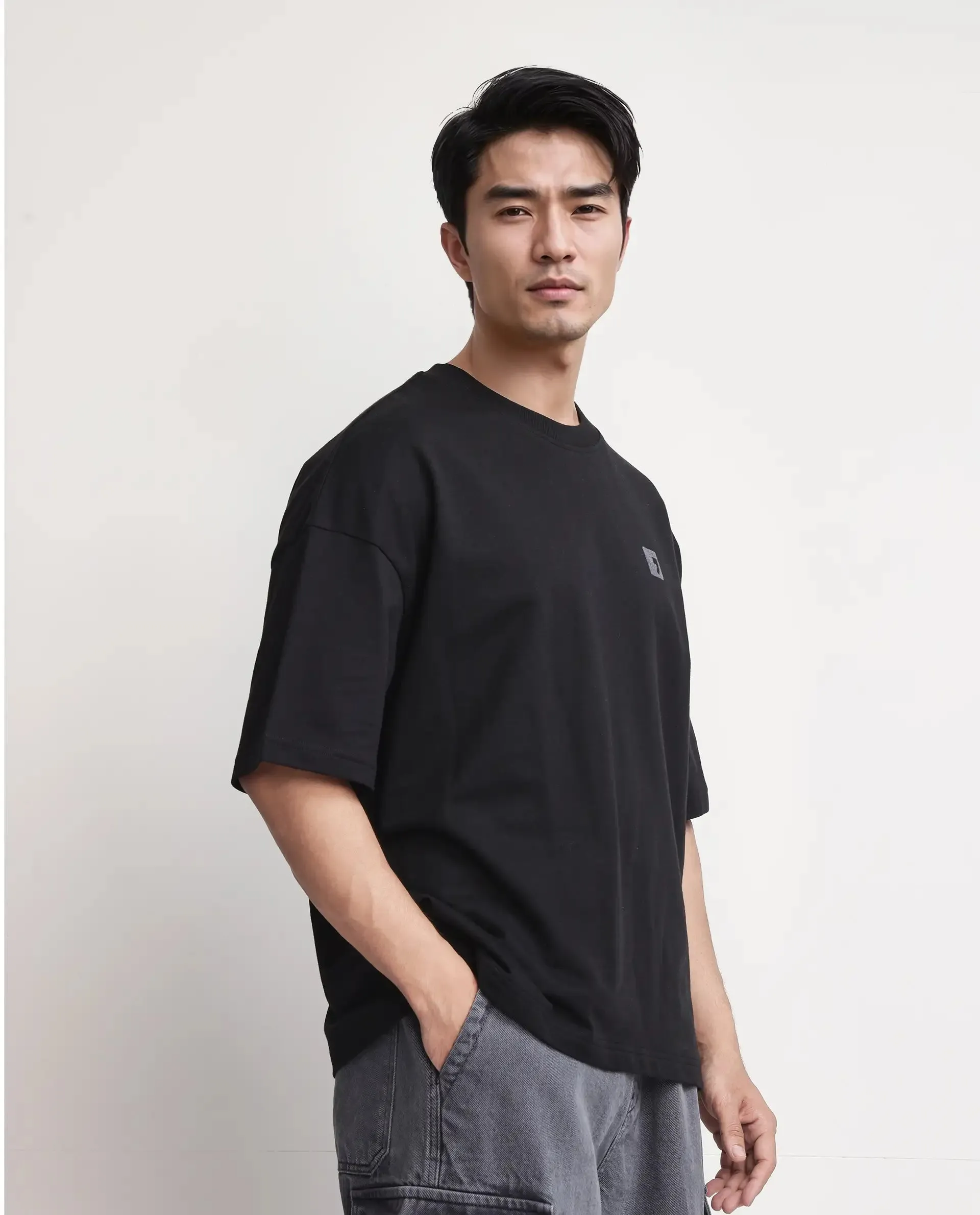 Rare Rabbit Men Rano Black Cotton Fabric Short Sleeve Slip-On Boxy Fit Printed T-Shirt