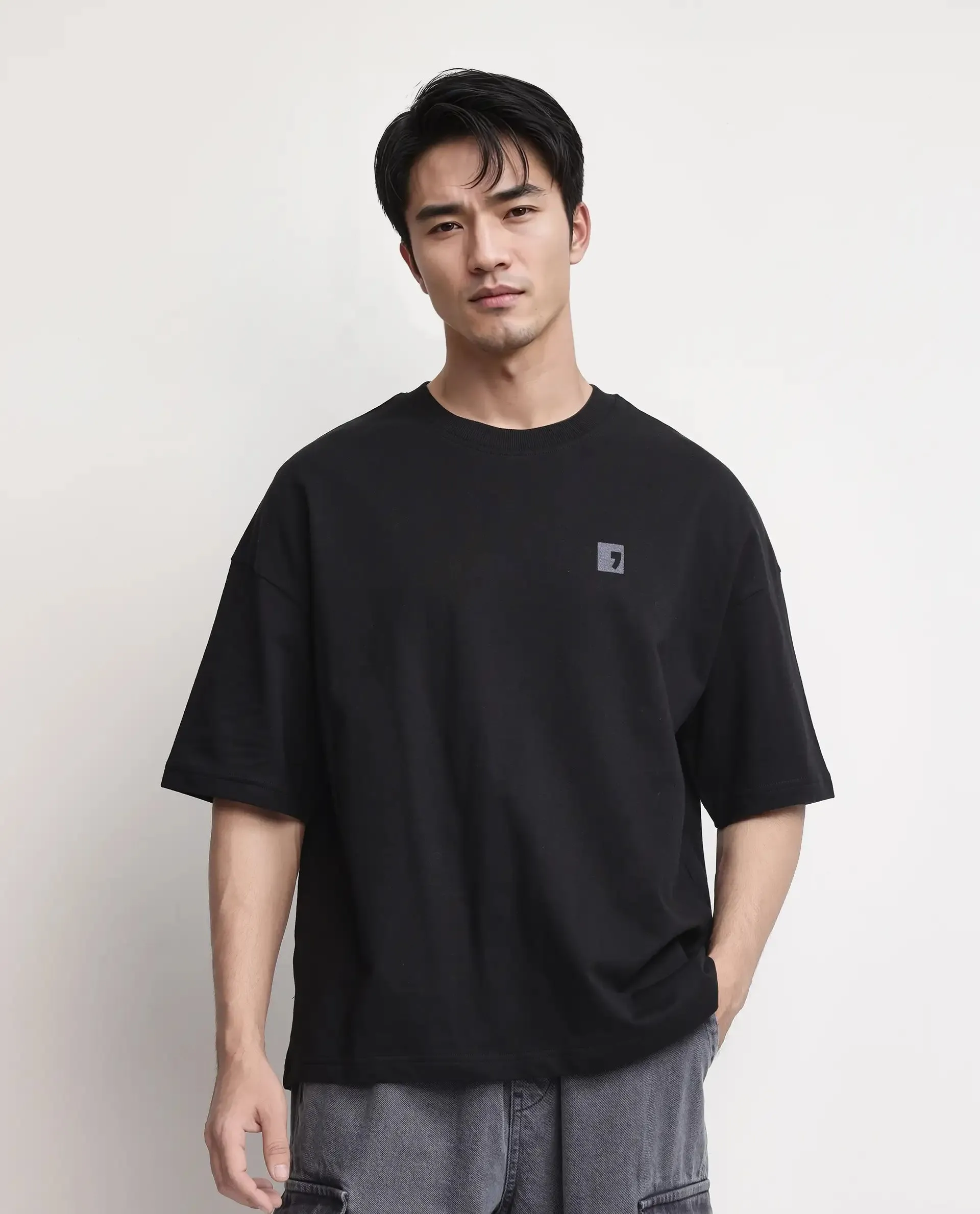 Rare Rabbit Men Rano Black Cotton Fabric Short Sleeve Slip-On Boxy Fit Printed T-Shirt