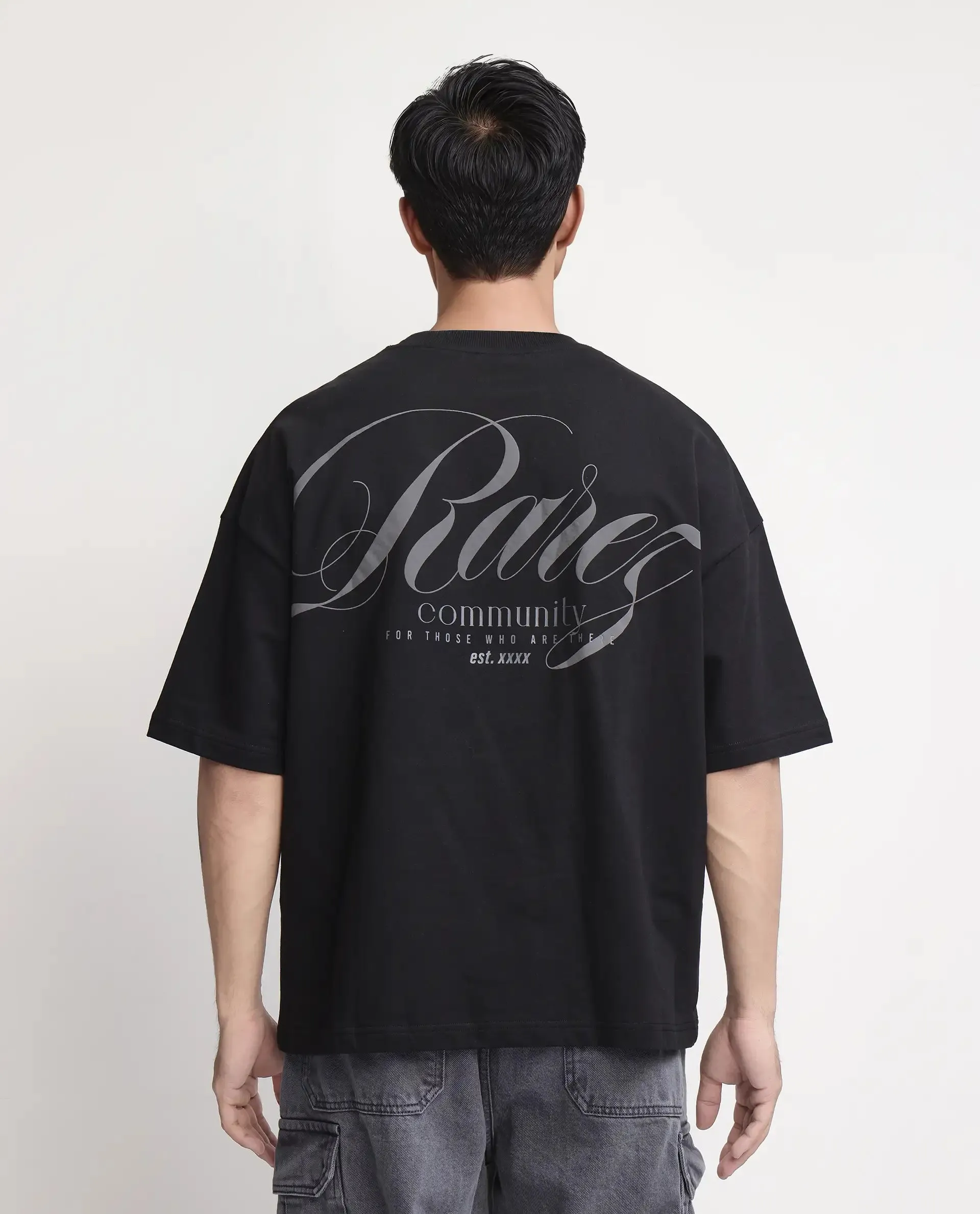 Rare Rabbit Men Rano Black Cotton Fabric Short Sleeve Slip-On Boxy Fit Printed T-Shirt