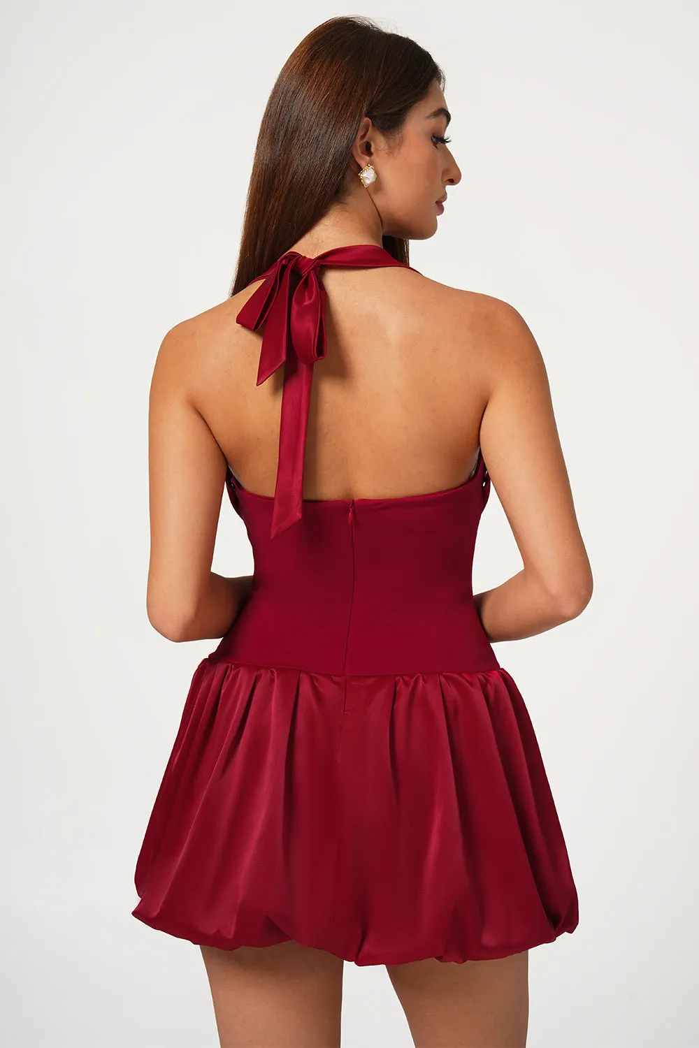 Red Satin Lace-Up Bubble Hem Mini Dress