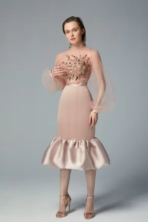 Salmon Pink Sheer Tulle Top Embroidered Mikado Midi Skirt