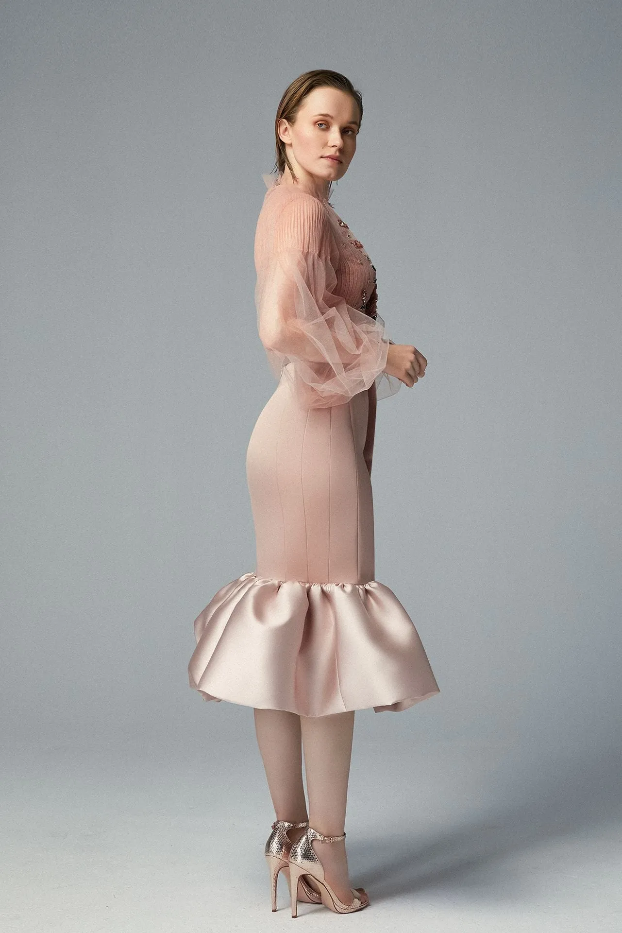 Salmon Pink Sheer Tulle Top Embroidered Mikado Midi Skirt