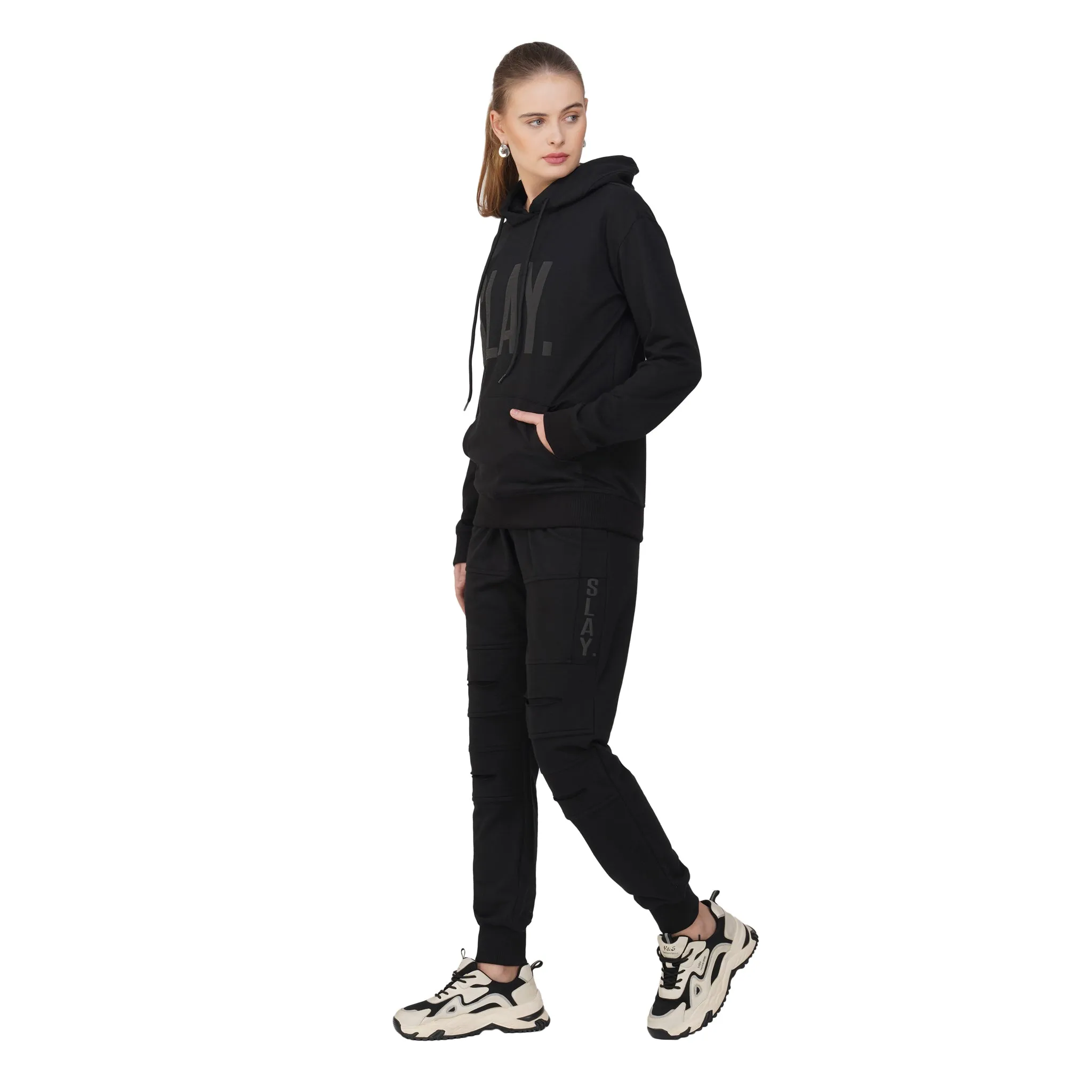 SLAY. Women's Limited Edition All Black Plotter Puff Print Tracksuit - Hoodie & Jogger Co-ord Set