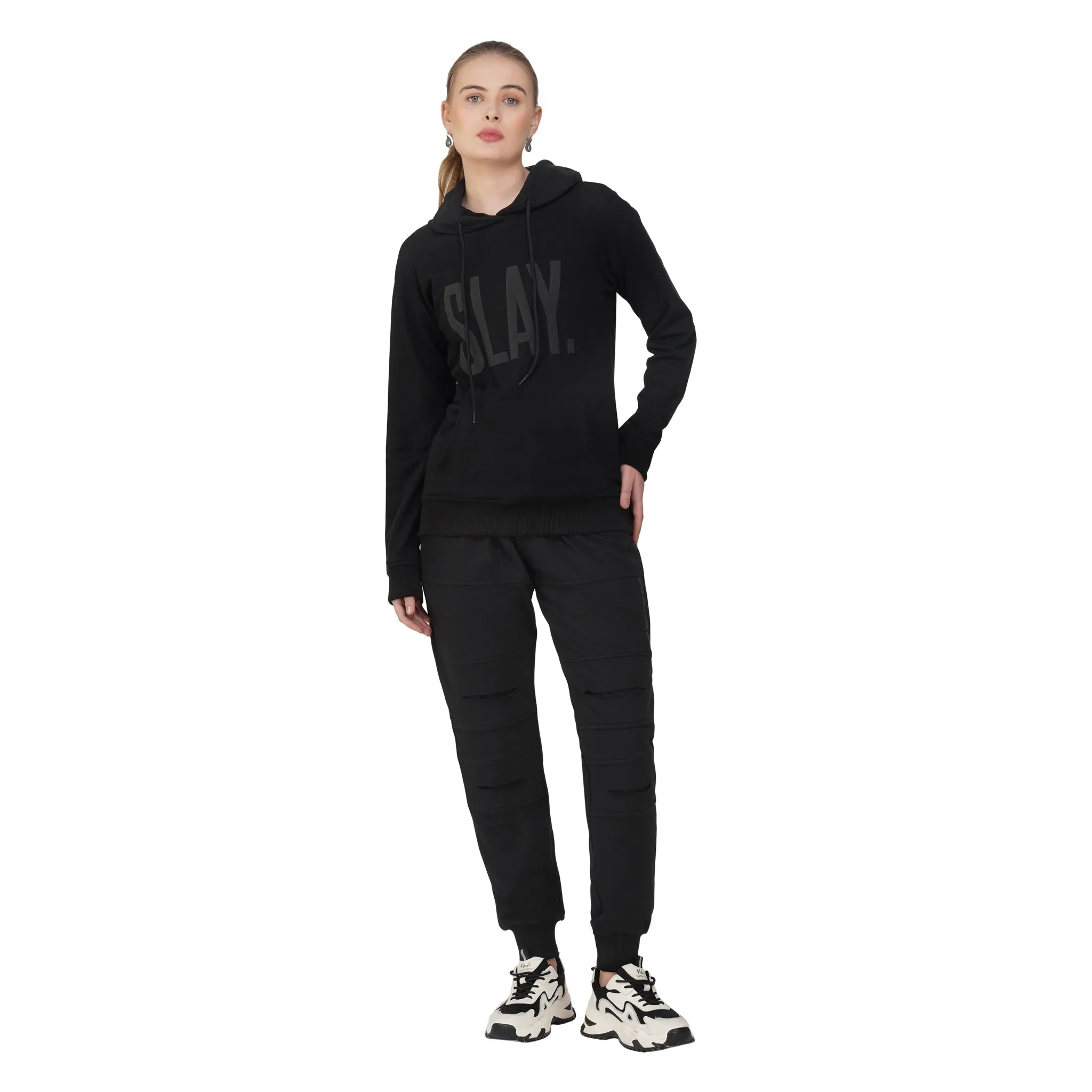 SLAY. Women's Limited Edition All Black Plotter Puff Print Tracksuit - Hoodie & Jogger Co-ord Set