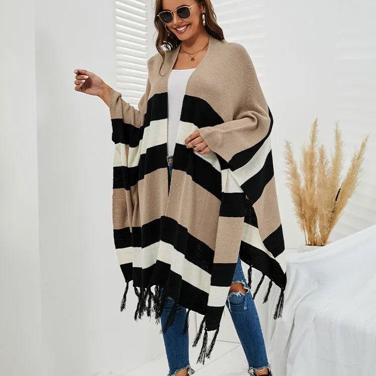 Striped Woollen Cape with Tassels