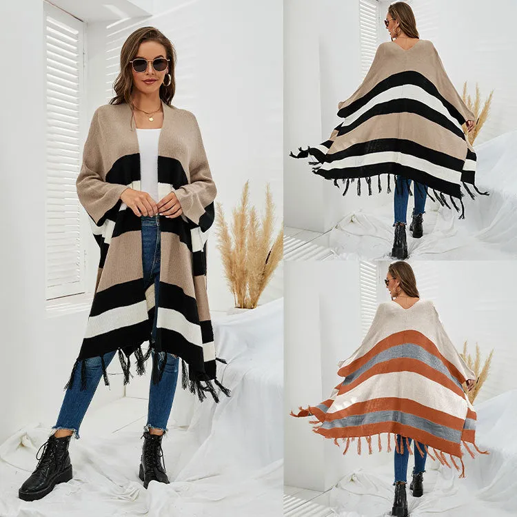 Striped Woollen Cape with Tassels