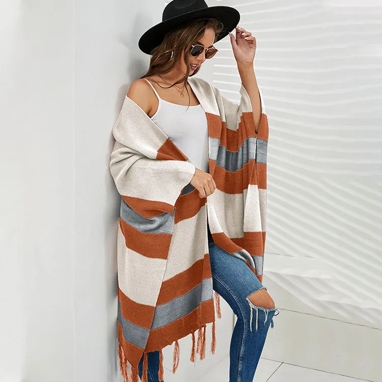 Striped Woollen Cape with Tassels