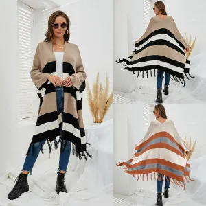Striped Woollen Cape with Tassels