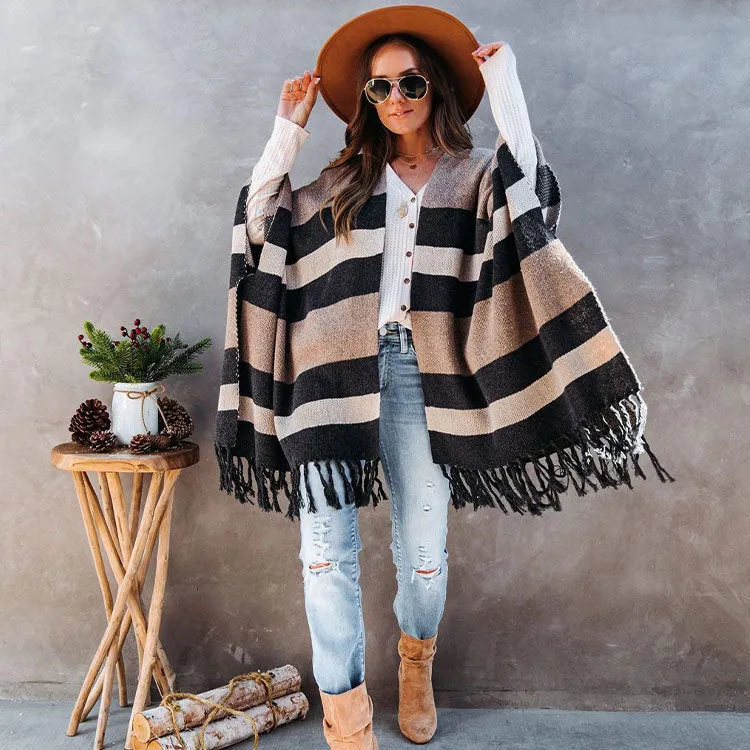 Striped Woollen Cape with Tassels