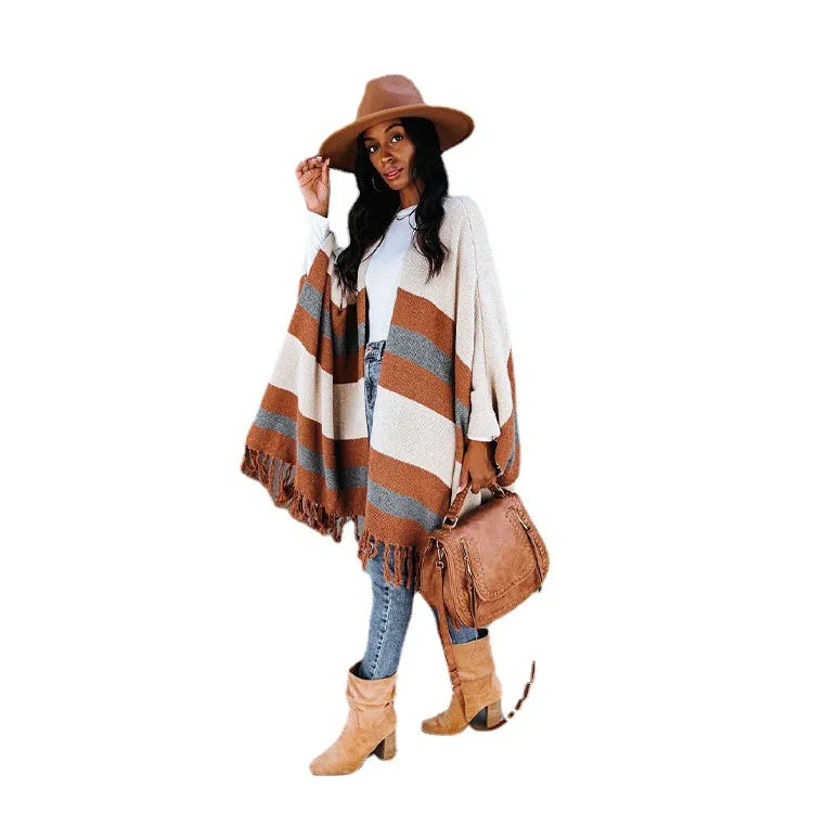 Striped Woollen Cape with Tassels