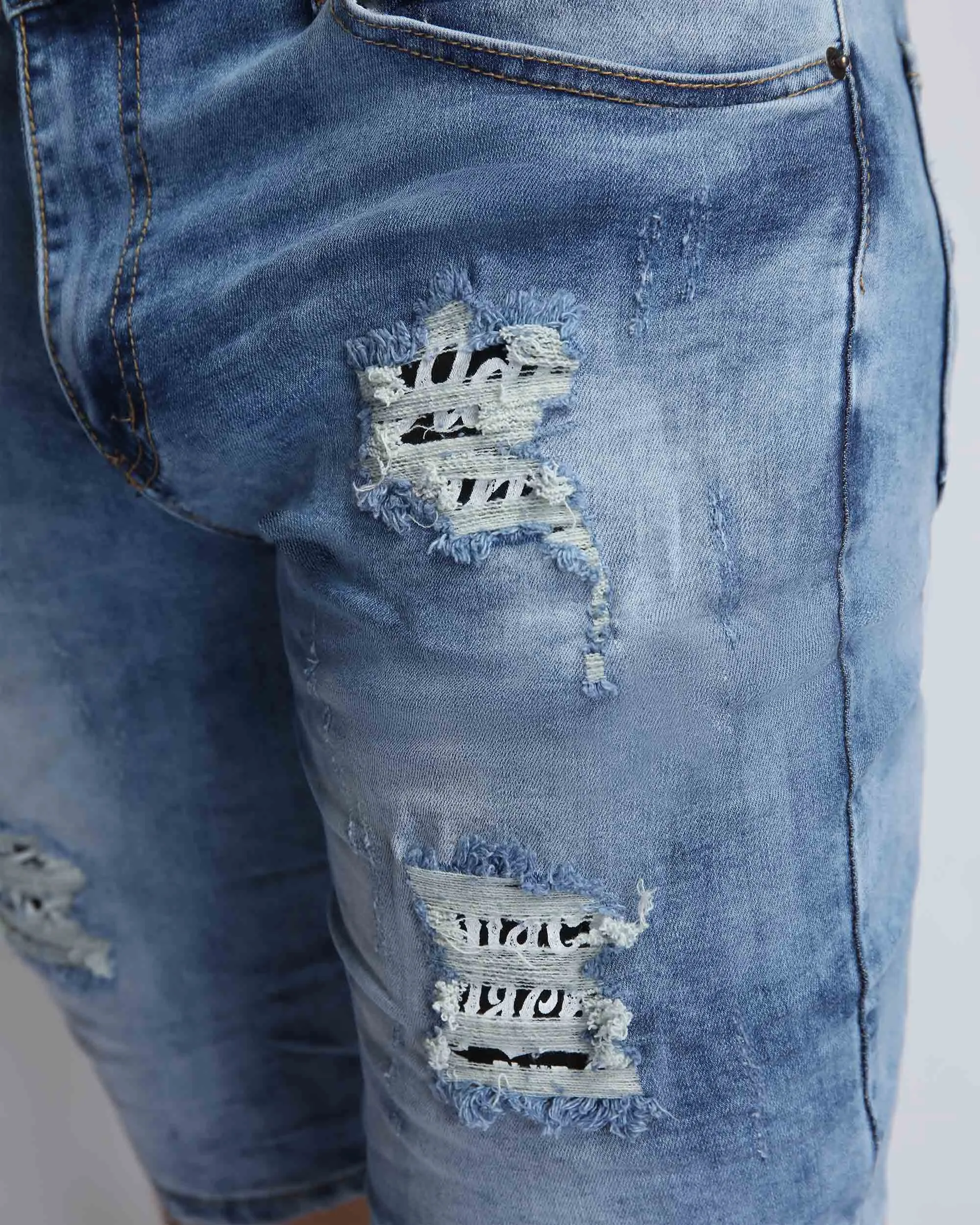 Summer Blue Denim Shorts with Large Ripped-Mexico Local Delivery